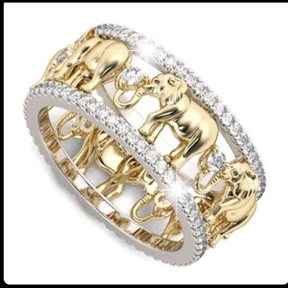 NWT Fashion Womens Golden Elephant White Zircon Band Ring Gift Size 7 & 9